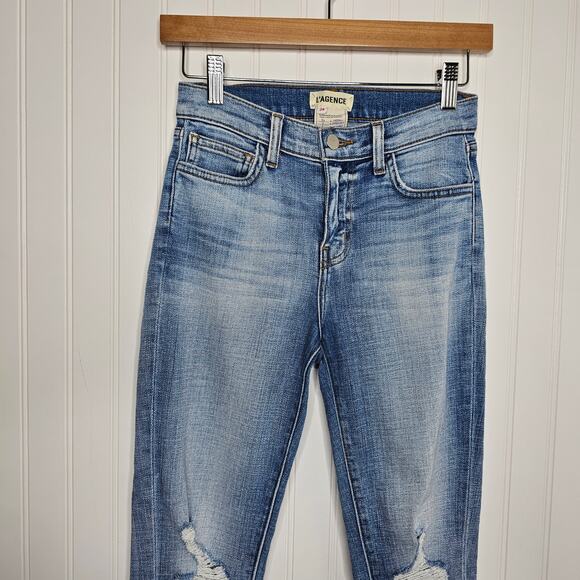 L'AGENCE El Matador High Rise Slim Jeans Size 24 Raw Hem Cropped Distressed Boho - Picture 3 of 10